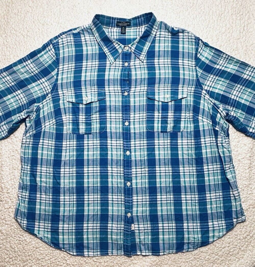 Lauren Ralph Lauren Shirt Womens 3X Blue Teal Plaid Cotton Blouse LRL